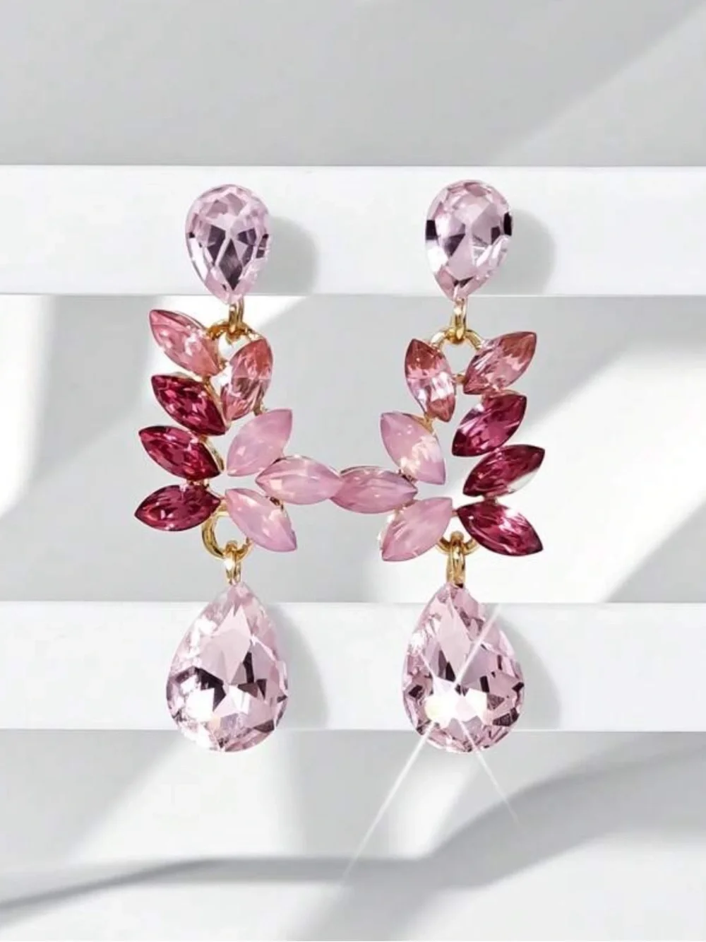 Elegant Pink Teardrop Crystal Leaf Earrings